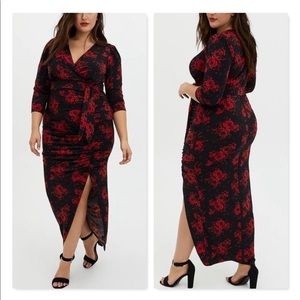 Torrid  Black and Red Floral Wrap Dress with Slit Size 10